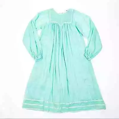 Vintage 70s India Cotton Rayon Gauze Puff Sleeve Turquoise Tunic Dress • $78.40