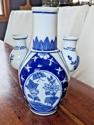 Vintage Blue Hues Chinese China 3 Flute Finger Arm Tulipier Tulip Vase 8  Tall • $25