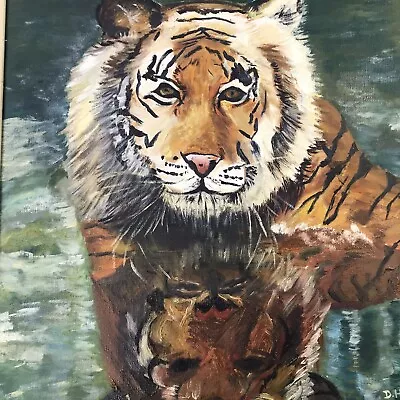 Vintage 1975 Tiger In The Water Reflection Oil Acrylic Painting Framed 25 X 21 • $100.49
