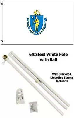 3x5 State Of Massachusetts Flag White Pole Kit Gold Ball Top 3'x5' • $23.88