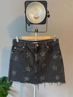 £14.50 • Buy TOPSHOP Black Denim Metallic Star Embellished Raw Hem Mini Skirt 12uk GrungePUNK
