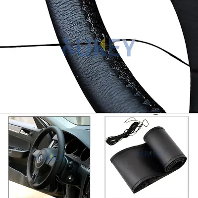 15  Black Genuine Leather Car Steering Wheel Glove Cover Wrap W / Needles Thread • $9.72