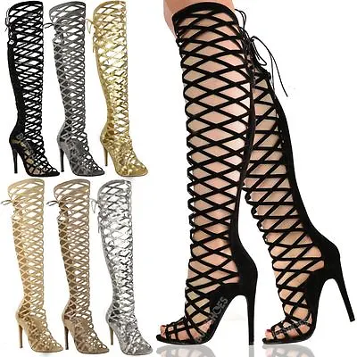 £32.99 • Buy Ladies Womens Cut Out Lace Knee High Heel Boots Gladiator Sandals Strappy Size