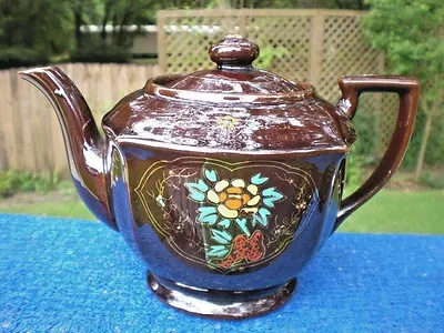 Teapot Redware  Antique Japanese 1940's Brown MG Wreath Asian Hand Painted Art  • $14