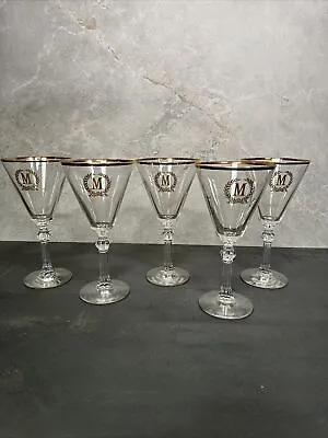 W1 Vtg Monogram Initial M Gold Logo Trim Wine Water Glass Set Of 5 7.75” • $4.99