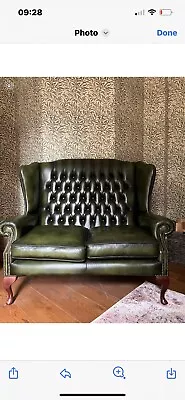 Green Leather Queen Anne  Chesterfield Sofa • £300