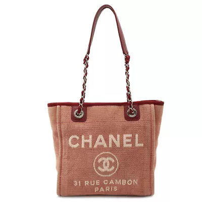 CHANEL A66939 Deauville CC Shoulder Tote Bag Leather Canvas Red 231007T • $3204.94