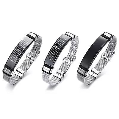 Women Men Bible Cross Stainless Steel Mesh Cuff Bracelet Prayer Religious Bangle • $10.44