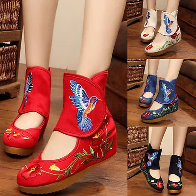 £21.59 • Buy Womens Casual Chinese Floral Embroidered Flat Shoes Wedges Dance Cloth Boots