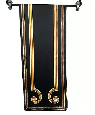 Ellen Tracy Silk Scarf Rectangle Black With Gold Scroll Design Signed • $16