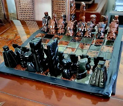 Black Mahogany Obsidian Gem Stone Chess Set Board 5” K Tiki Figurine Rare As Is  • $459