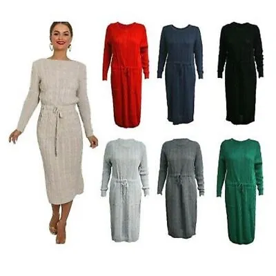 New Ladies Women POCKET TIE UP JUMPER DRESS Cable Knit Midi Long Sleeve UK(8-14) • £15.99