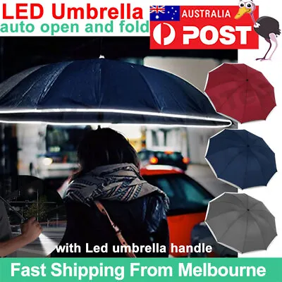 Automatic Rain Umbrella Auto Open Close Compact Folding Windproof With LED Light • $17.99