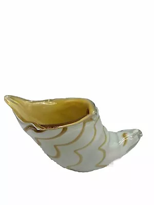 Yellow Gold White Drapery Art Glass Horn Of Plenty Cornucopia Vase Murano Feel • $30