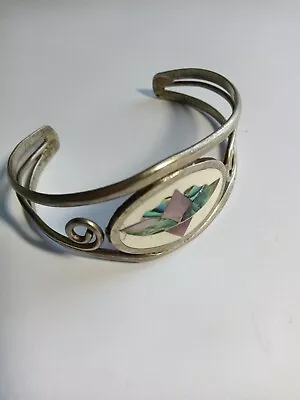 Alpaca Mexico Cuff Bracelet Abalone Shell Flower Silver Tone Vintage • £11