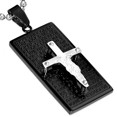 Stainless Steel Black Silver-Tone Cross Prayer English Mens Pendant Necklace • $19.99