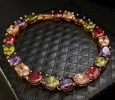 30 Cwt Oval Multicolor Gemstone Tennis Bracelet 18K Gold Plated Finish 7.5  • $87