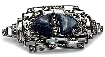 Vintage Antique Art Deco Sterling Silver Lapis Lazuli And Marcasite Brooch • $24.99