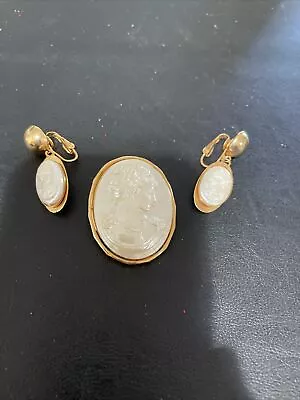 Vintage Unmarked Pearlescent Cameo Brooch And Clip On Dangle Earrings • $15