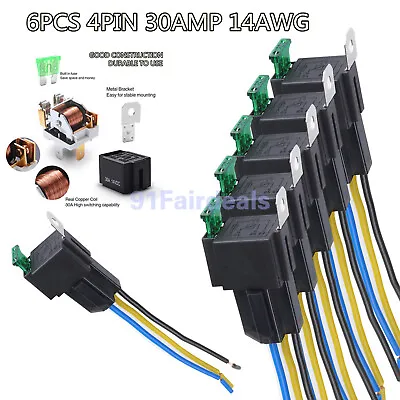 6Pcs Car Relay Switch Harness Set 12V 4PIN 30AMP Fuse Holder 14AWG Hot Wire • $17.63