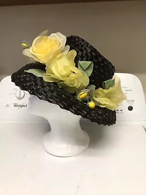 Vintage Ladies Hat Black Straw Sailor Skimmer Yellow Rose  Brim Betmar NY Paris • $17.46