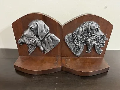 Vintage Sporting Hunting Dog Bookends Retriever Hunting Metal Wood Signed JS • $39.99