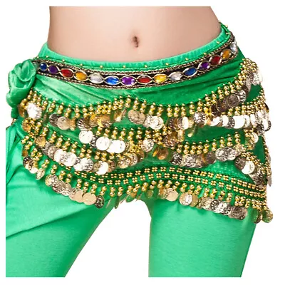 Rhinestone Gems Velvet Coin Belts Belly Dance Hip Scarf Skirt Costume Wrap NEW • £13.67