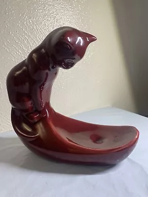 Vintage Royal Haeger Ceramic Ruby Red Cat Fish Bowl Stand Trinket Tray “9 Tall • $48.99