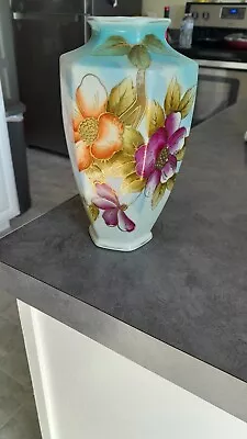 Japanese Flower Vase Floral With Golden Inlays Japan Pink Orange Blue • $22