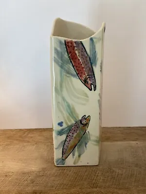 Art Pottery Vase With Salmon 13” Tall Stoneware Hand Painted Northwest Fish • $18.99