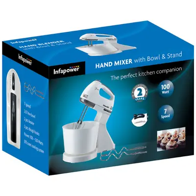 Infapower 7 Speed Hand Mixer With Bowl & Stand 2L | 100W – 120W - White - X102 • £23.49