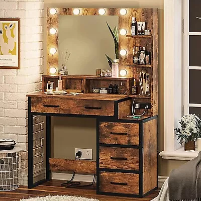 Vintage Brown Makeup Vanity Desk LED Makeup Table W/5 Drawers & Storage Shelves • $219.89