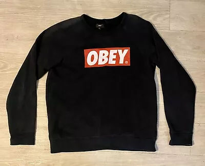 Mens Obey Box Logo Black Sweater Pullover Sweatshirt Size Medium • £13.50