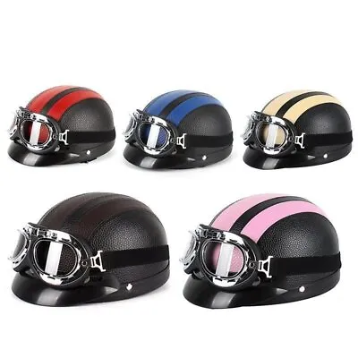 Motorcycle Scooter Open Face Half Leather Vintage Helmet With Visor UV Goggles • $80.72