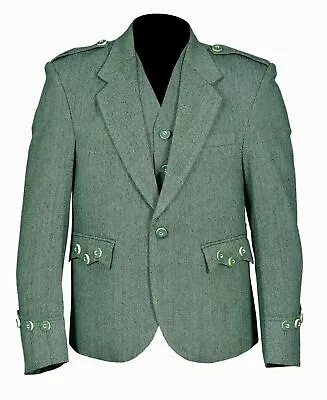 £89.99 • Buy Lovat Green Wool Argyle Kilt Jacket With 5 Button Vest Scottish Weeding Dress