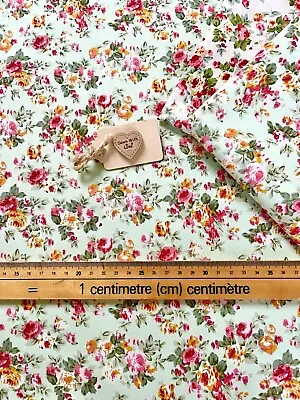 100% Cotton Poplin Fabric Vintage Floral Flowers Green Red Pink Rose & Hubble • £5.89