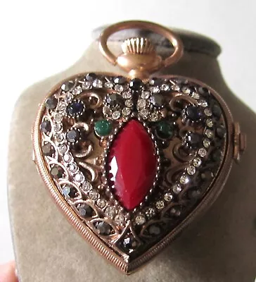 VTG. Sarah Coventry Heart  Watch Locket Pendant W/ Rhinestone • $28