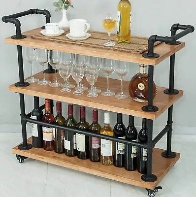 Industrial Bar Serving Carts Kitchen Rolling Wine Rack Solid Wood Home Furniture • $289.99