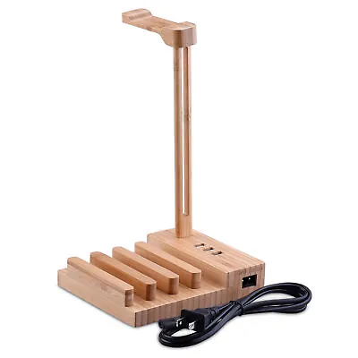 Bamboo Wood Headphone Stand With USB  Station Dock For Phone  R9Q2 • $30.33