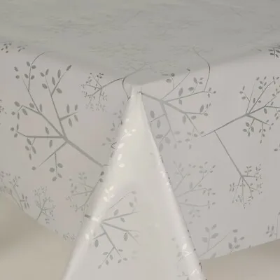 PVC Vinyl Plastic Table Cloth Silver Grey Leaves And Stems Plain Linen Look • £11.20