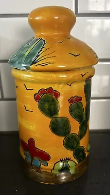 Desert Cactus Mexico Yellow Pottery Biscuit Cookie Jar W/Lid  Mexican • $15.29