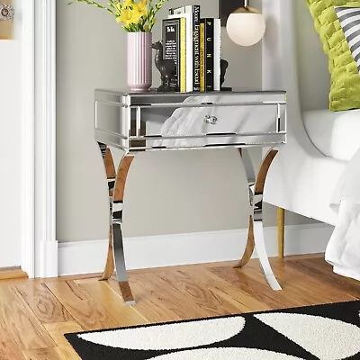 Mirrored Nightstand With Drawer Mirror Finished Metal X-Leg Side Table Silver • $229.99