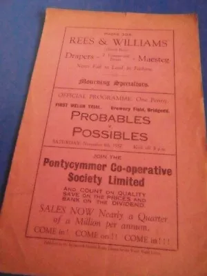 1937 Wales Trial Probables V Possibles  (bridgend)   Programme   Rare • £49