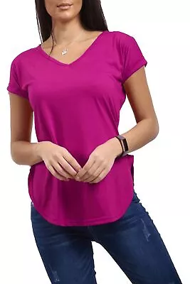 Womens Ladies Plain V Neck Curved Hem Turn Up Short Sleeve Jersey T Shirt Top • £4.99