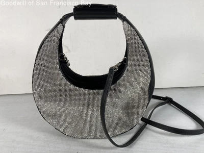 $52 • Buy Staud Womens Silver Black Rhinestone Leather Detachable Strap Hobo Bag Small