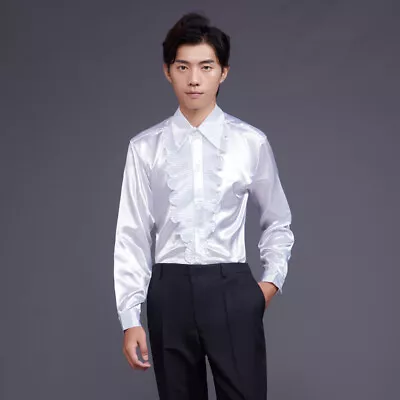 Men Ruffle Satin Dance Shirts Faux Silk Tops Glossy Club Performance Chorus Chic • £21.41