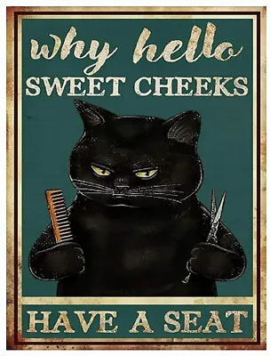 HELLO SWEET CHEEKS HAIRDRESSER CAT Metal RETRO Sign BATHROOM KITCHEN A5 A4 • £5.49