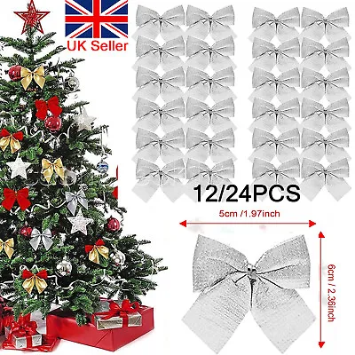 12/24PCS Xmas Decoration Christmas Siver Glittered Bows Tree Ornament Bowknot UK • £1.96