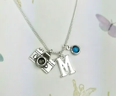 Travel Gift Camera Silver Necklace Photographer Personalised Gift Initial Charm • £10.50