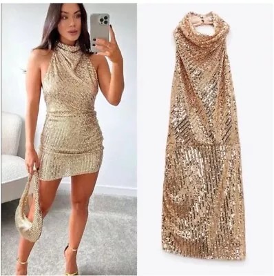 Zara Gold Sequin Halter Cocktail Dress Size XL NWT • $40